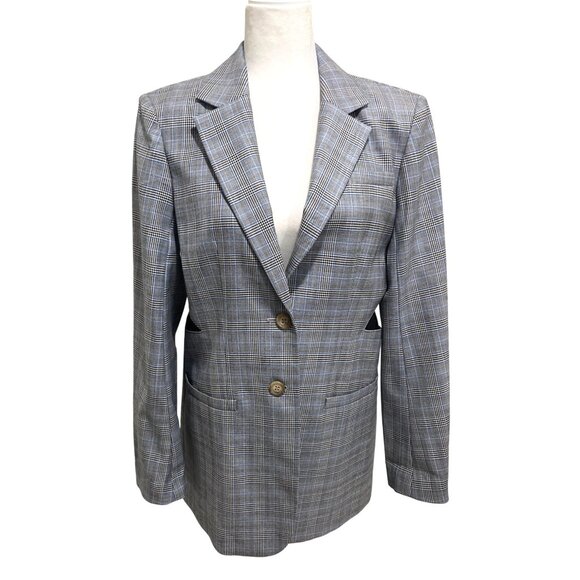 Tibi Blazer Cooper Oversized Cutout Prince Wales Checked Wool Silk Gray Size 6 - Picture 3 of 13